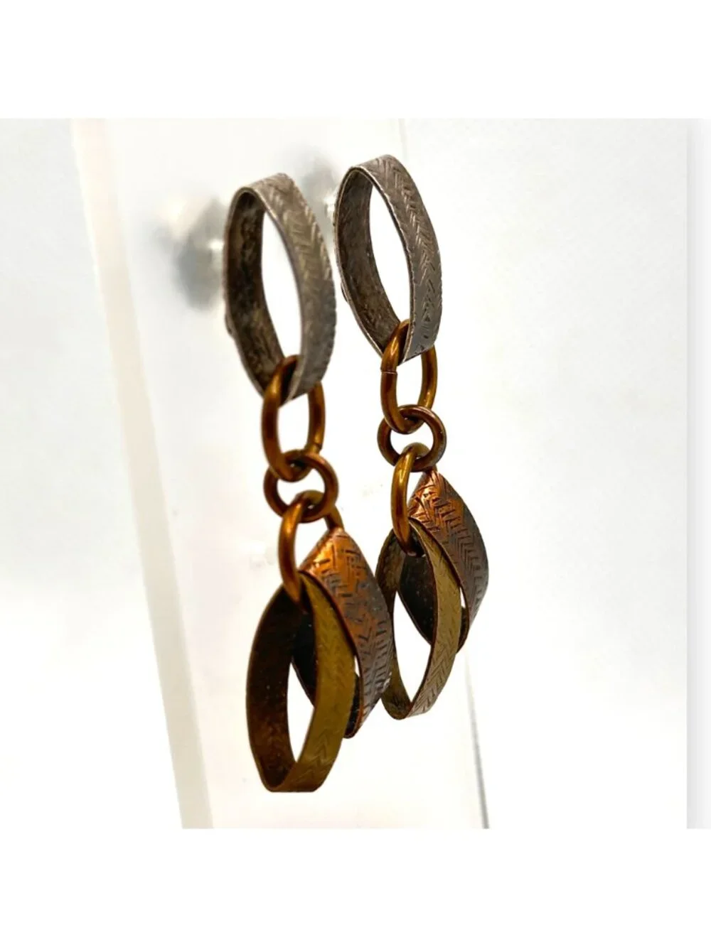 Vintage MB SF Brass & Sterling Silver Loop Dangle Earrings With Chevron Pattern